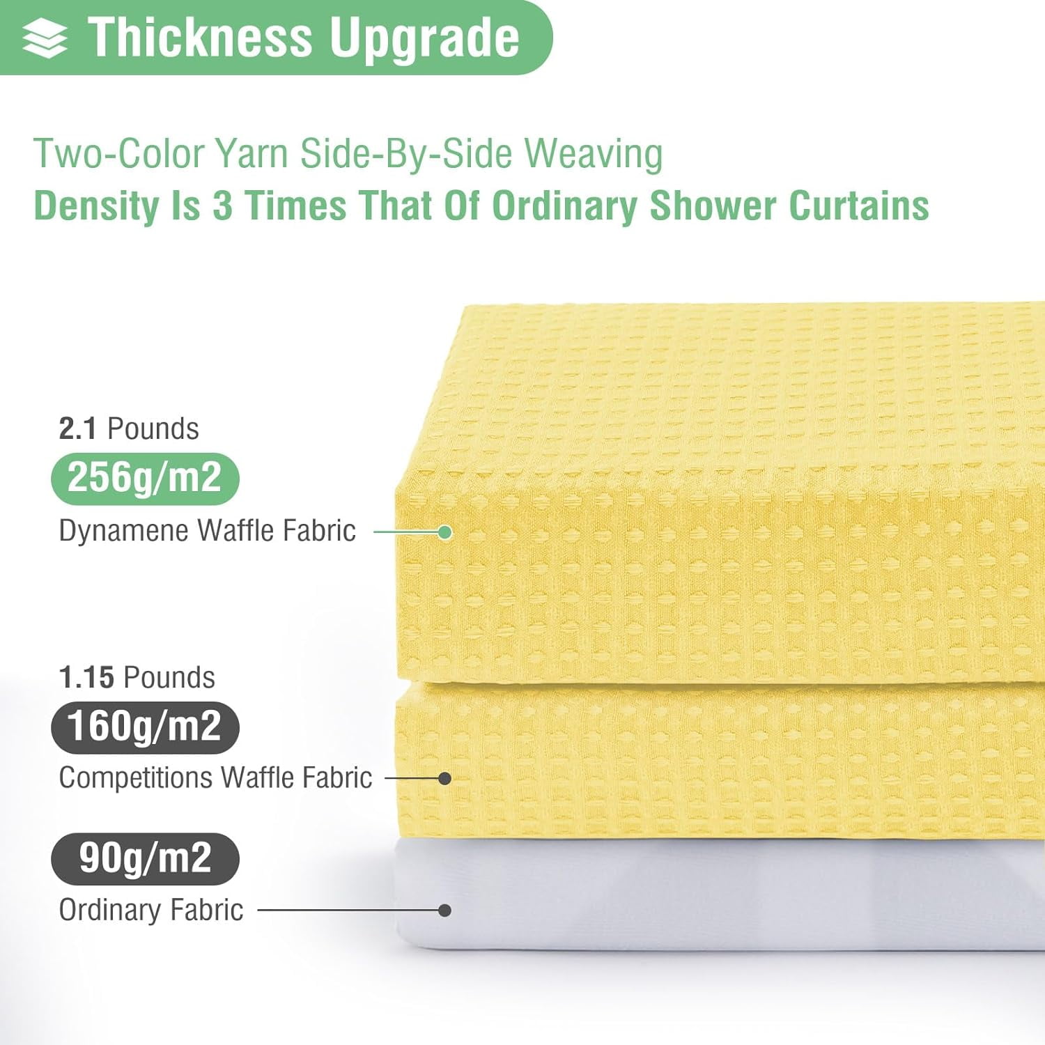 CAILDANL Green Shower Curtain - Waffle Textured Heavy Duty Thick Fabric Shower Curtains for Bathroom, 256GSM Luxury Weighted Polyester Cloth Bath Curtain Set with 12 Plastic Hooks，72Wx72H,Green