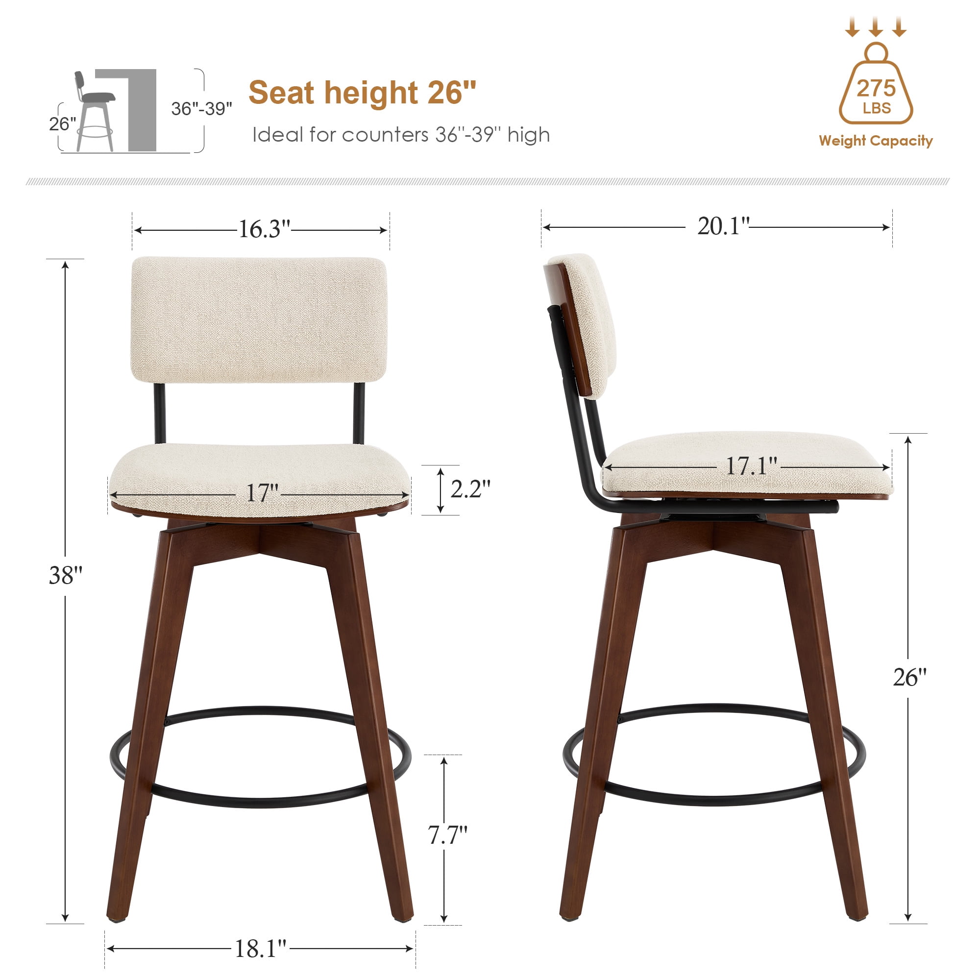 Zesthouse Swivel Counter Height Bar Stools Set of 2, 26" Upholstered Linen Barstools with Back and Walnut Wood Legs, Mid Century Modern Bar Chairs, Island Stool for Kitchen Counter, Beige