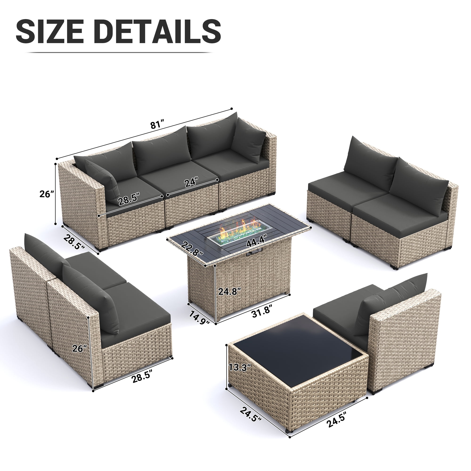MRUAKA 9 Pieces Patio Conversation Set with Firepit, Outdoor Sectional PE Rattan Wicker Furniture Seat,Dark Gray