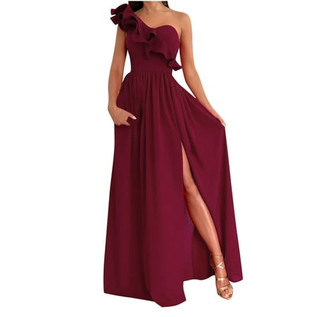 

asdoklhq Maternity Dress Women s Summer Sexy Solid Slimming One Shoulder Ruffles Split Dresses