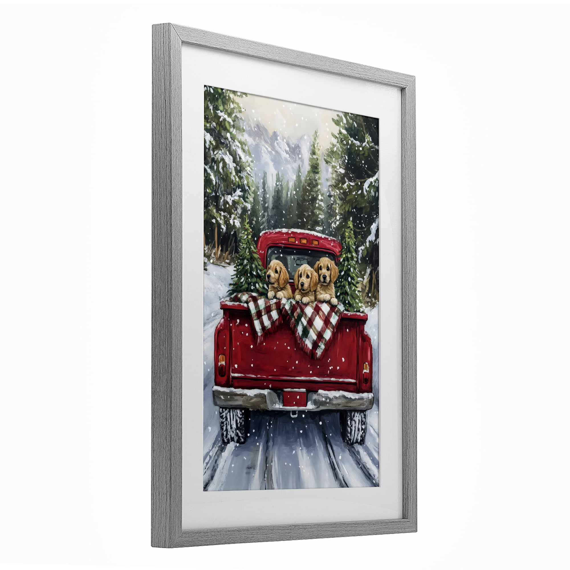 Golden Pups Christmas Truck Gray Framed Print Under Glass, design by Petal Prints Design