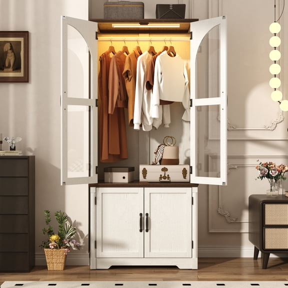 ChVans 4 Door Armoire Wardrobe Closet with LED Sensor Light,72"H Arch design Clothing Storage Cabinet with Hanging Rod and Glass Doors