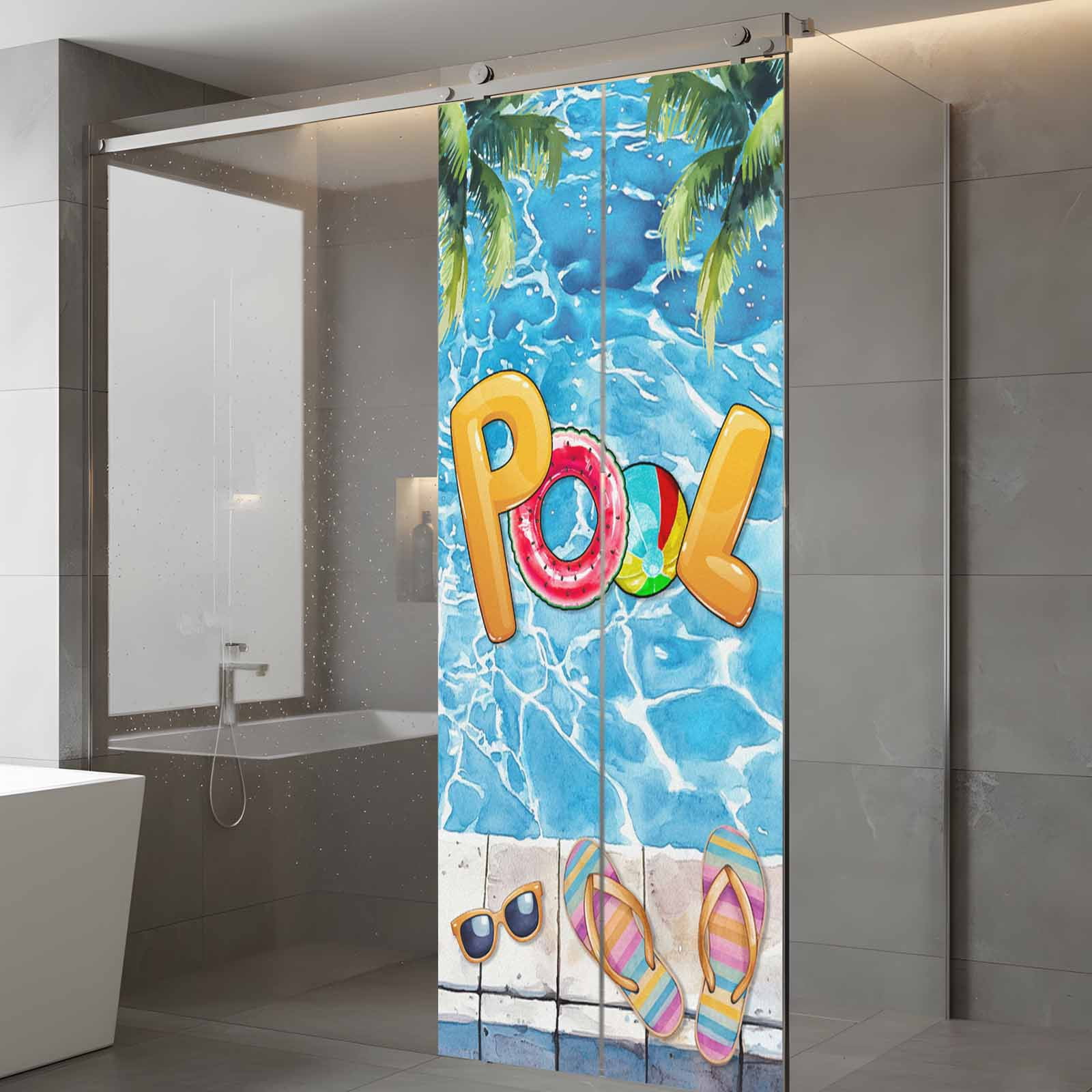 Blue Summer Pool Window Privacy Film, Watermelon Swimming Ring Slippers Static Cling UV Sun Blocking Tint Film Heat Control Windows Films for Bedroom Bathroom, Window Stickers 23.6"x59"