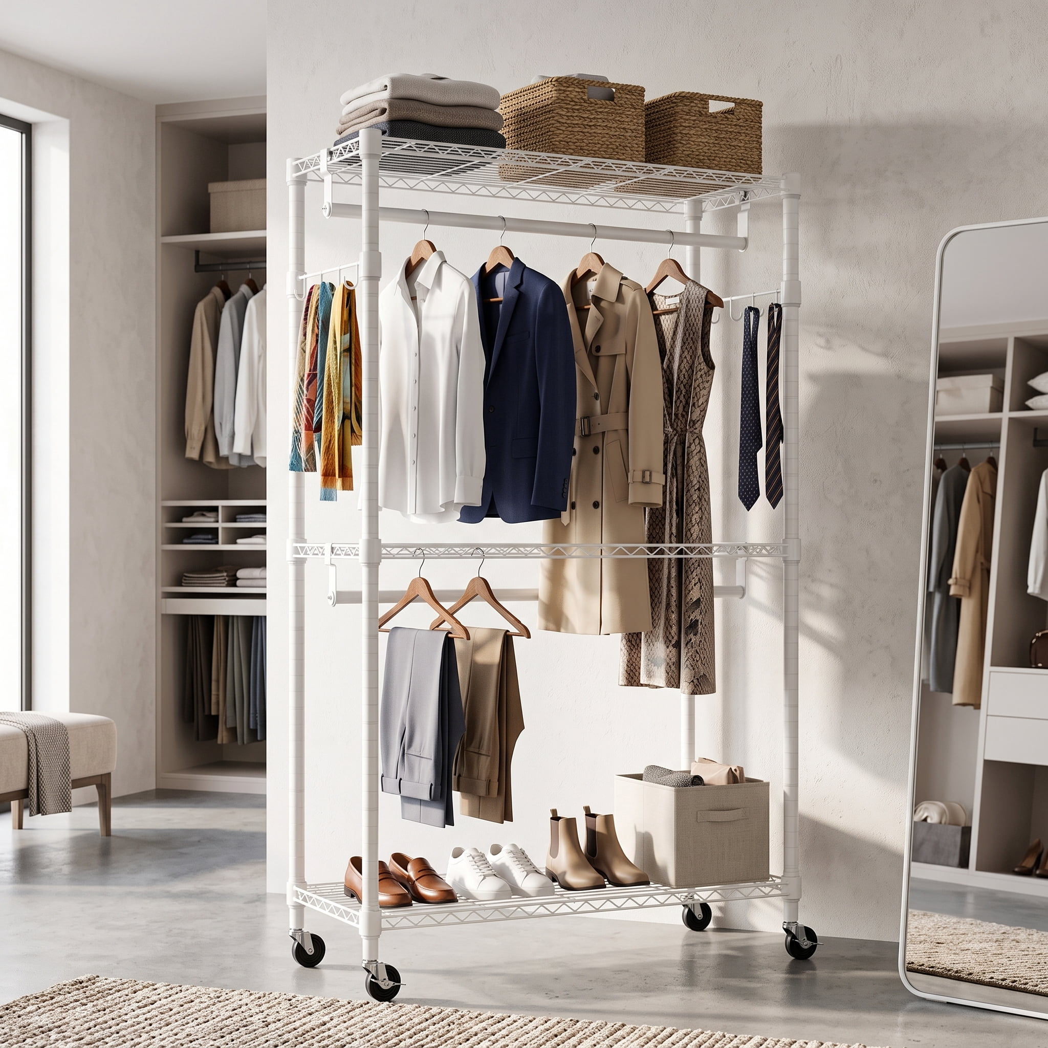 Heavy Duty Rolling Garment Rack 3 Tiers Adjustable Wire Shelving Clothes Rack with 2 Rods and Side Hooks, Storage Closet Clothing Rack with Wheels White 15.7" D x 29.5" W x 74.5" H