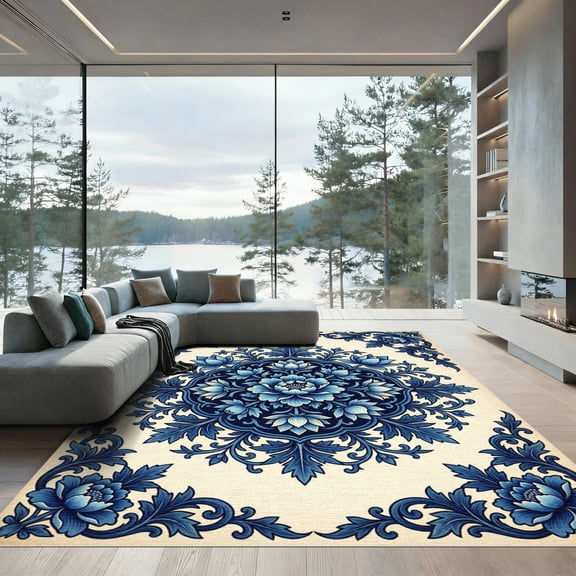 ODIKA 4'x6' Machine Washable Non-Slip Area Rug, Chinoiserie Navy Blue High Traffic Rug, Blue, 1251516
