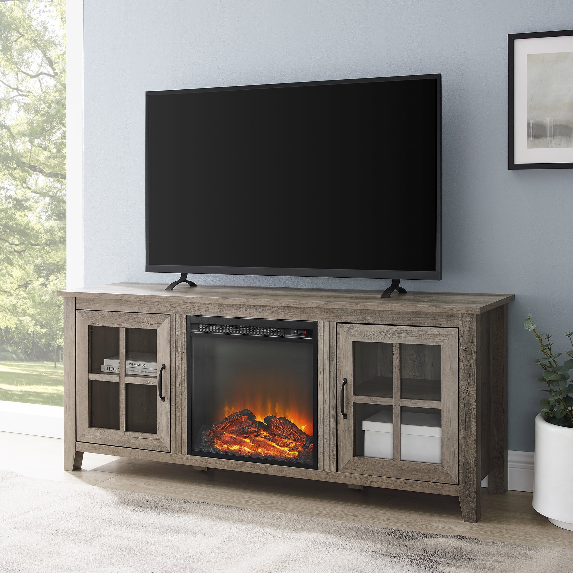 Manor Park Traditional Glass-Door Fireplace TV Stand for TVs up to 65", Grey Wash - Walmart.com