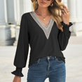 thumbnail image 2 of Fall Tops for Women V Neck Lace Hollow out Trumpet Long Sleeve Shirts Dressy Casual Loose Comfy Tunic Blouses, 2 of 7