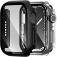 thumbnail image 1 of 2 Pack Hard PC Case Compatible for Apple Watch Series 6 5 4 SE 2022 44mm with Tempered Glass Screen Protector, Slim HD Bumper Full Protective Cover for iWatch 44mm, 1 Black+1 Clear, 1 of 5