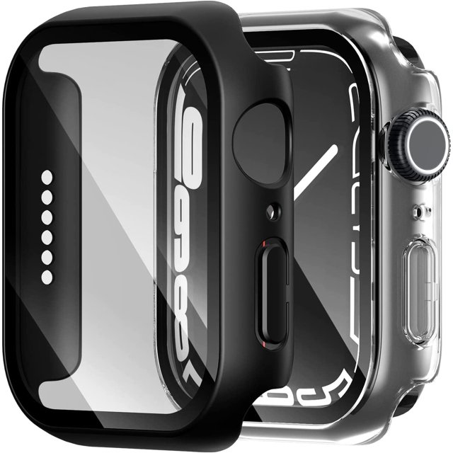 2 Pack Hard PC Case Compatible for Apple Watch Series 6 5 4 SE 2022 44mm with Tempered Glass Screen Protector, Slim HD Bumper Full Protective Cover for iWatch 44mm, 1 Black+1 Clear