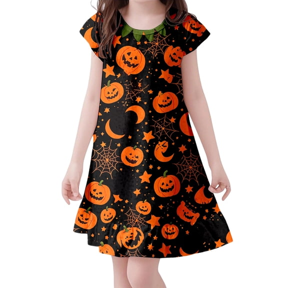 Likimi Toddler Girls Hallowmas Dress Crew Neck Flutter Sleeve Halloween Pumpkin Print For Party Comfortable Sleep Dresses Size 3-4 Years