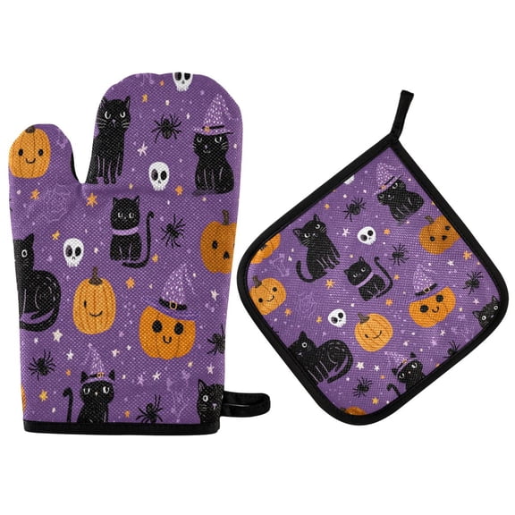Heat-Resistant Reversible Oven Mitts and Pot Holders Set Double-Sided Insulated Gloves Kitchen Home Supplies Black Cat and Pumpkin