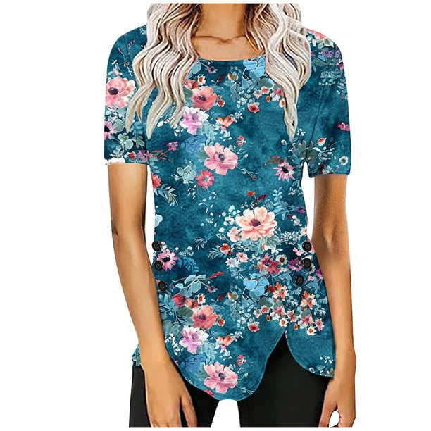 Blusas de Manga Corta para las Mujeres Botón Impreso Cuello Redondo Top Casual, Blusas para las Mujeres Casual