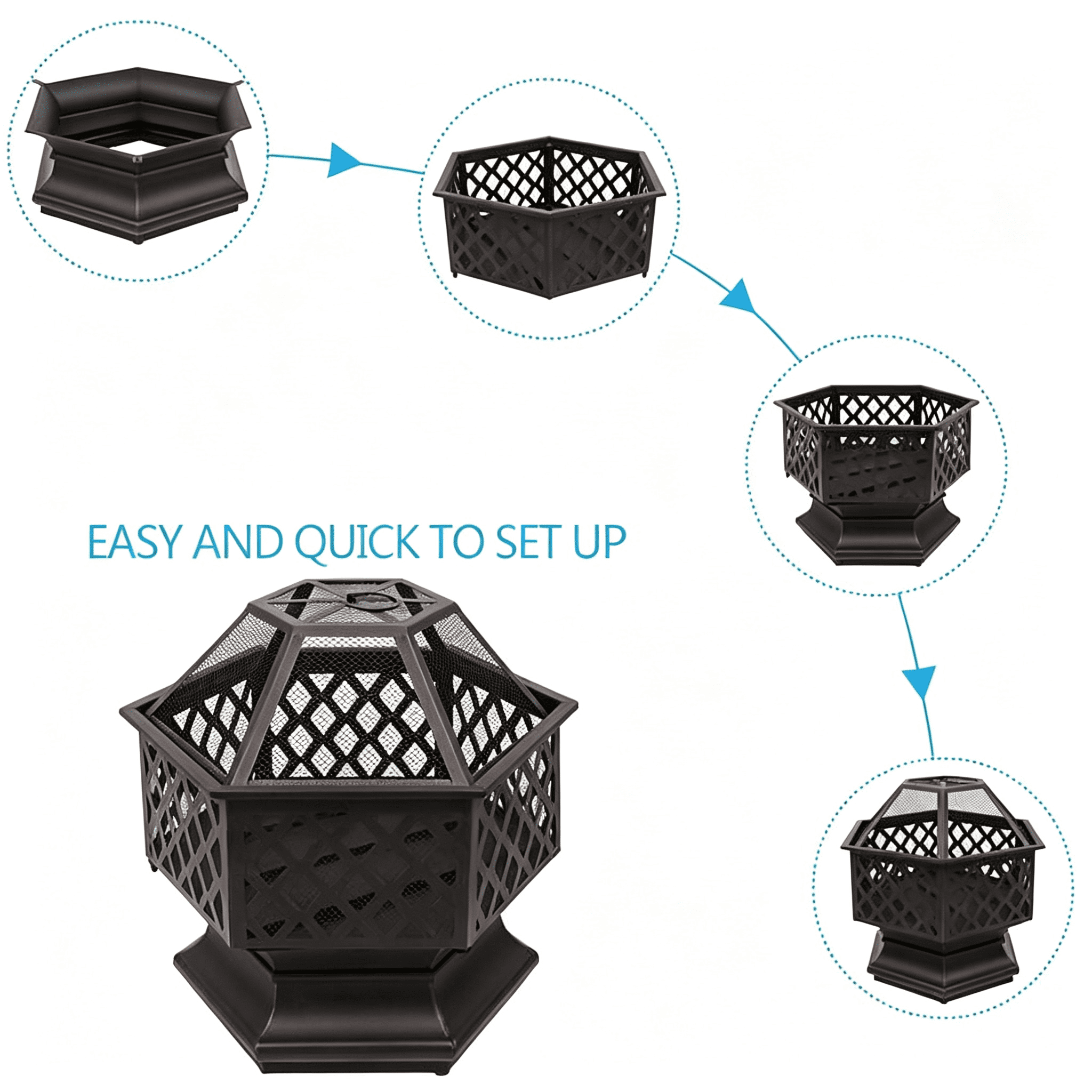 22" Hexagonal Shaped Iron Brazier Wood Burning Fire Pit Decoration for Backyard Poolside