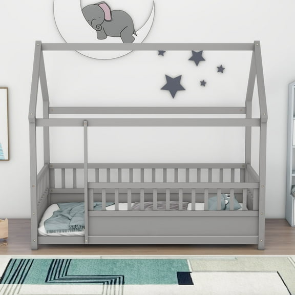 Twin Size Solid and Stable Floor Wooden Bed with House Roof Frame, Fence Guardrails (Grey)