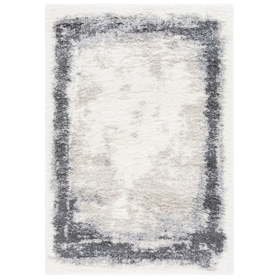 SAFAVIEH Fontana Shag Damian Bordered Plush Area Rug, Ivory/Grey, 5'3" x 7'6"
