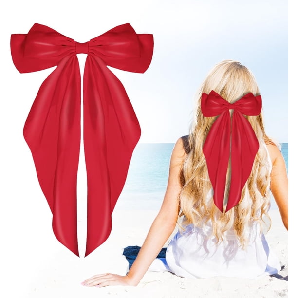 Lazo para el cabello, lazos de satén suave y sedoso de cola larga con clips de metal Pasadores Pinzas para el cabello para niñas y mujeres Horquilla de cinta francesa elegante, rojo
