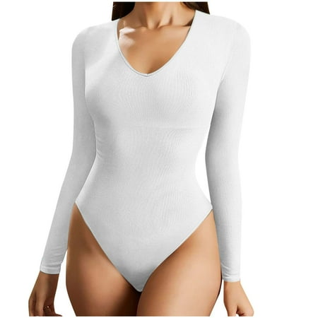 Yuzhih Women s Bodysuit Seamless Long Sleeve V Neck Short Playsuits 2024 Fashion Slim Ribbed Yoga Gym Rompers