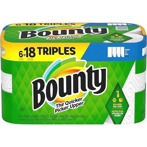 Bounty Select-A-Size Paper Towels, 6 Triple Rolls, White, 135 Sheets Per Roll