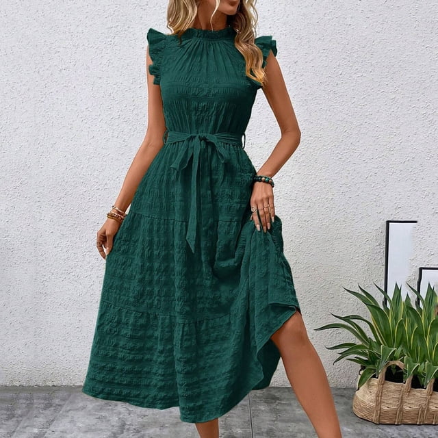 Soldes d'Été! Robe d'Été Décontractée pour Femmes, Col Rond, Manches Courtes à Volants, Coupe Ample, Idéale pour la Plage Ou les Sorties Décontractées. Offres Exceptionnelles du Jour!