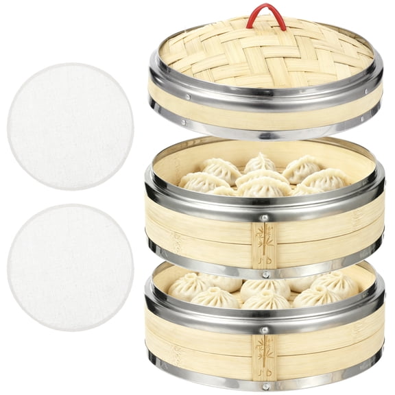 3 Pcs 2 Tier Wood Steamer with Lid and Cotton Sheets, 7.9 x 2.0 in Natural Wood Steaming Basket with Stainless Steel Rim, Food Dim Sum Steaming for Cooking Vegetables, Rice, Fish