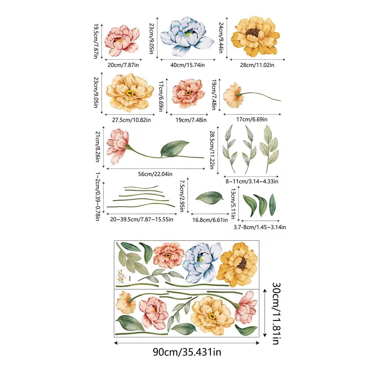 Large Peony Flowers Wall Decals Colorful Peony Blossom Wall Stickers Self-Adhesive Floral Vinly Wall Art Decor for Girls, Women Living Room Bedroom Bathroom Yoga TV Sofa Backdrop