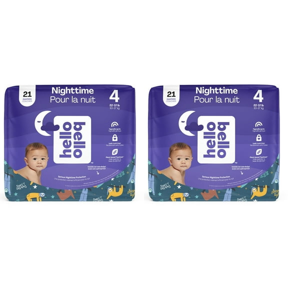 (2 Pack)Hello Bello Premium Gender Neutral Overnight Baby Diapers I Affordable Hypoallergenic and Eco-Friendly Extra Absorbent Diapers for Babies and Kids at Night I Size 4 I Snoozy Sloths I 21 Count