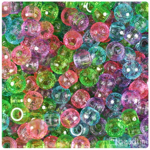 BeadTin Soft Mix Transparent 9mm Faceted Barrel Pony Beads (500pcs)