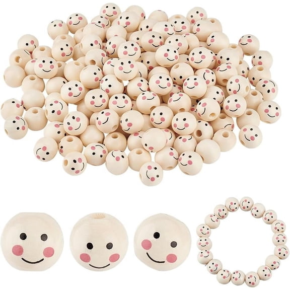 1Set Printed Natural Wood European Beads Large Hole Beads Round with Face Undyed PapayaWhip 12mm 200pcs/set