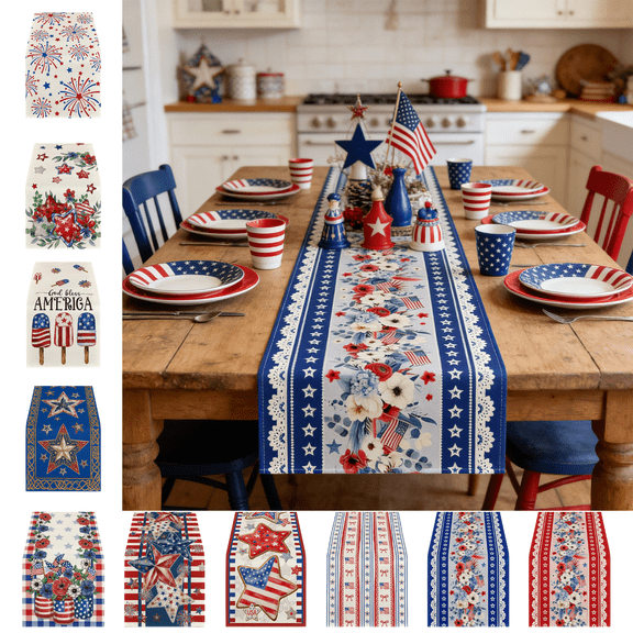 CuiLiyq 4th of July Decorations, Patriotic USA Stars Floral Table Runner for Memorial Day, Party Supplies Indoor Outdoor Home, 72" x 13"