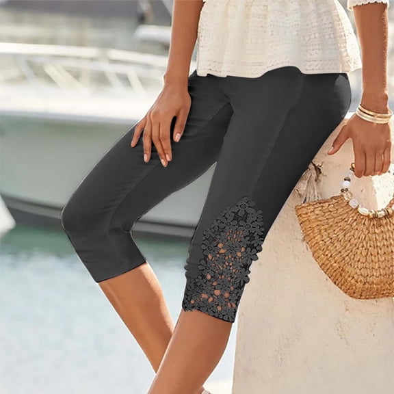 CLOISE Womens Lace Capri Leggings Stretch Elastic High Waisted Yoga Pants Petite Summer Casual Fashion Solid Lightweight Cropped Trousers Black XL
