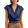 thumbnail image 5 of Only Moment Button Up Blouse Women Short Sleeve V Neck Satin Wrinkle Free Business Casual Work Blouse Tops Womens Work Tops Dark Blue,2XL, 5 of 6
