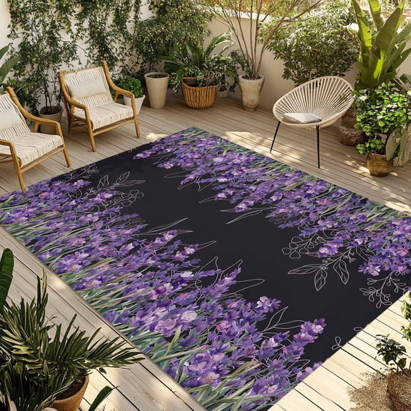 Purple Lavender Outdoor Rug for Patio/Deck/Porch, Non-Slip Large Area Rug 5 x 8 Ft, Spring Watercolor Wildflowers Plant Black Indoor Outdoor Rugs Washable Area Rugs, Camping Rug Carpet Runner