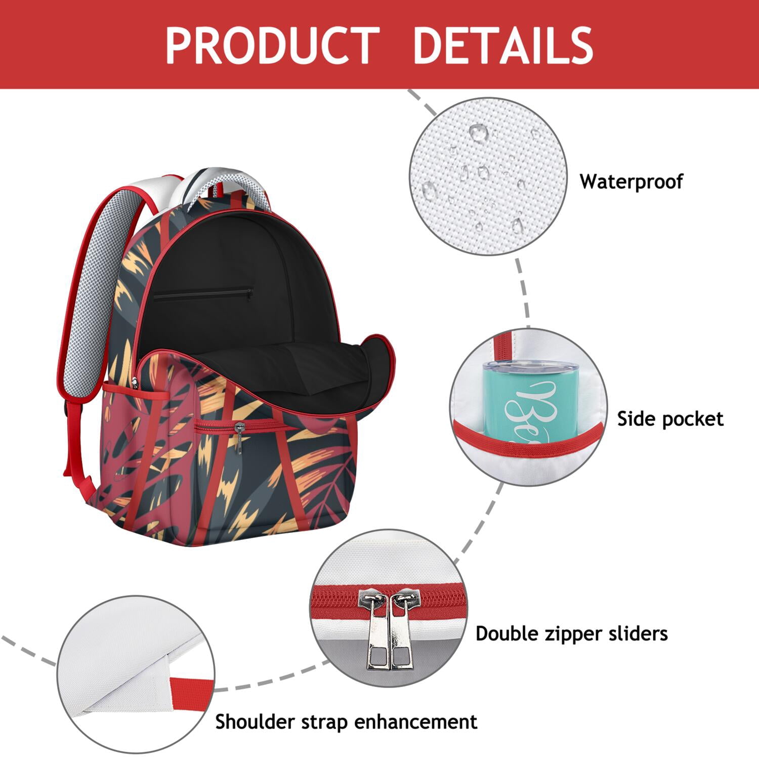 Jungle Leaves Waterproof Backpack for Teens, Ergonomic Design with Adjustable S-Shaped Shoulder Straps & Padded Back Panel