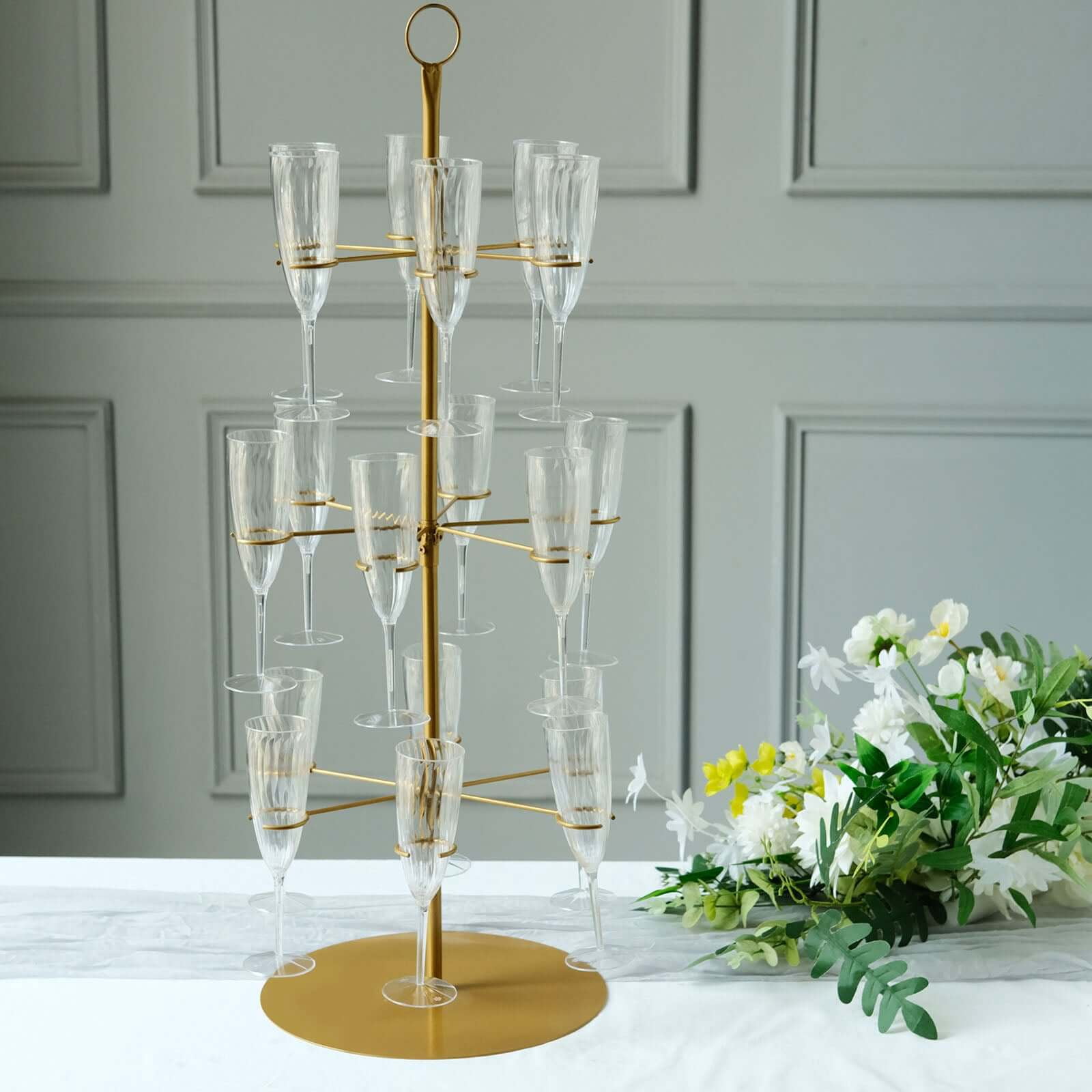 Efavormart 33" Gold Metal 3-Tier Long Stem Wine Glass Cocktail Cup Tree Stand, Champagne Flute Holder