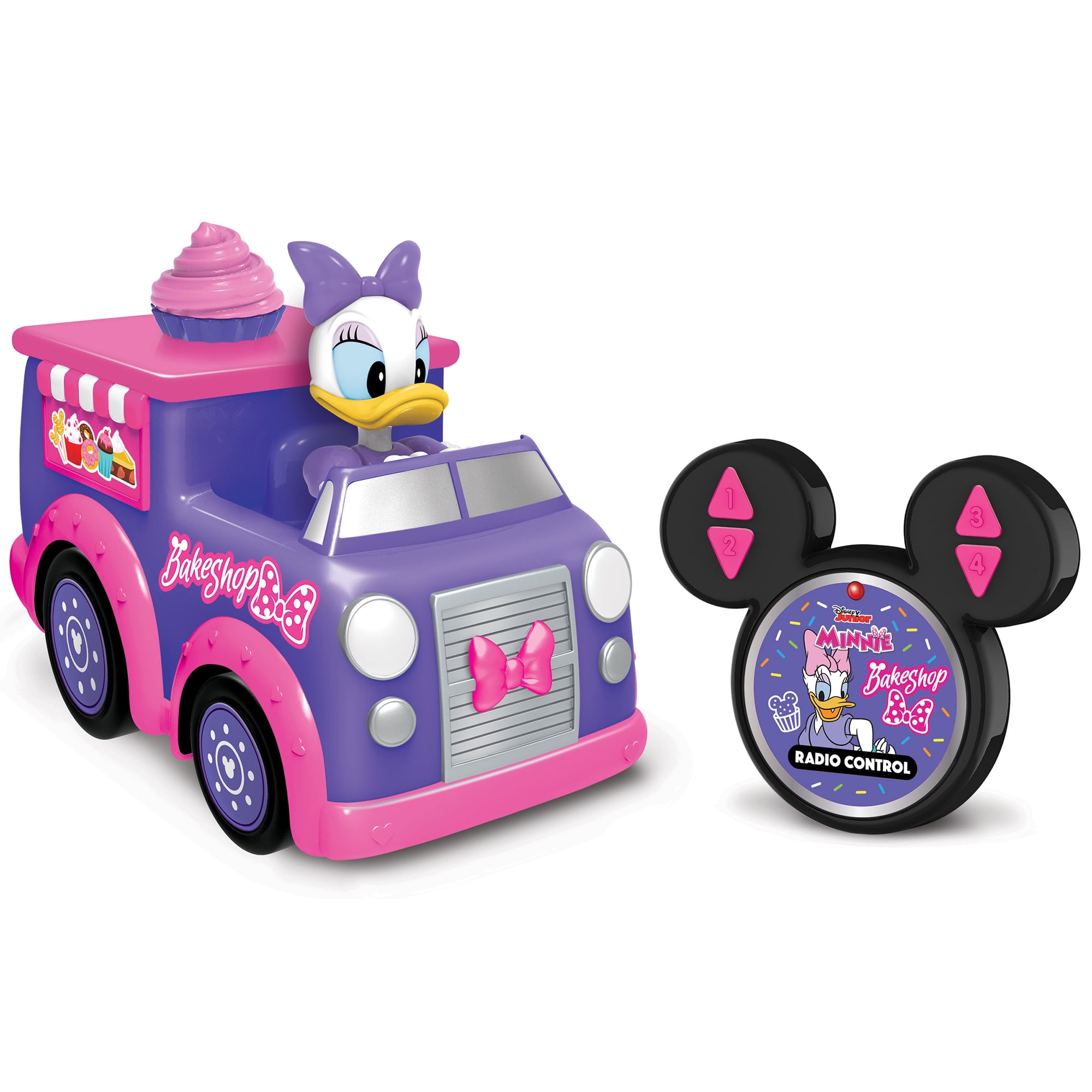 Disney Junior: 9" R/C Daisy Duck Bakeshop Cruiser – Pink & Purple Light-Up Toy Dessert Vehicle, Spins & Wheelies, EZ Pushbutton Remote Control, Kid 3+