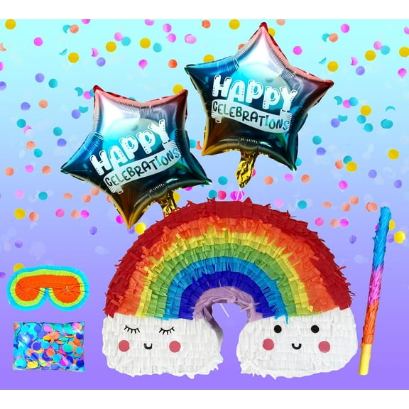 Rainbow Pinatas Set for Birthday Party Girls,Perfect for Theme Parties and Decorations, Includes Buster Stick, Blindfold, Confetti & 2 Balloons