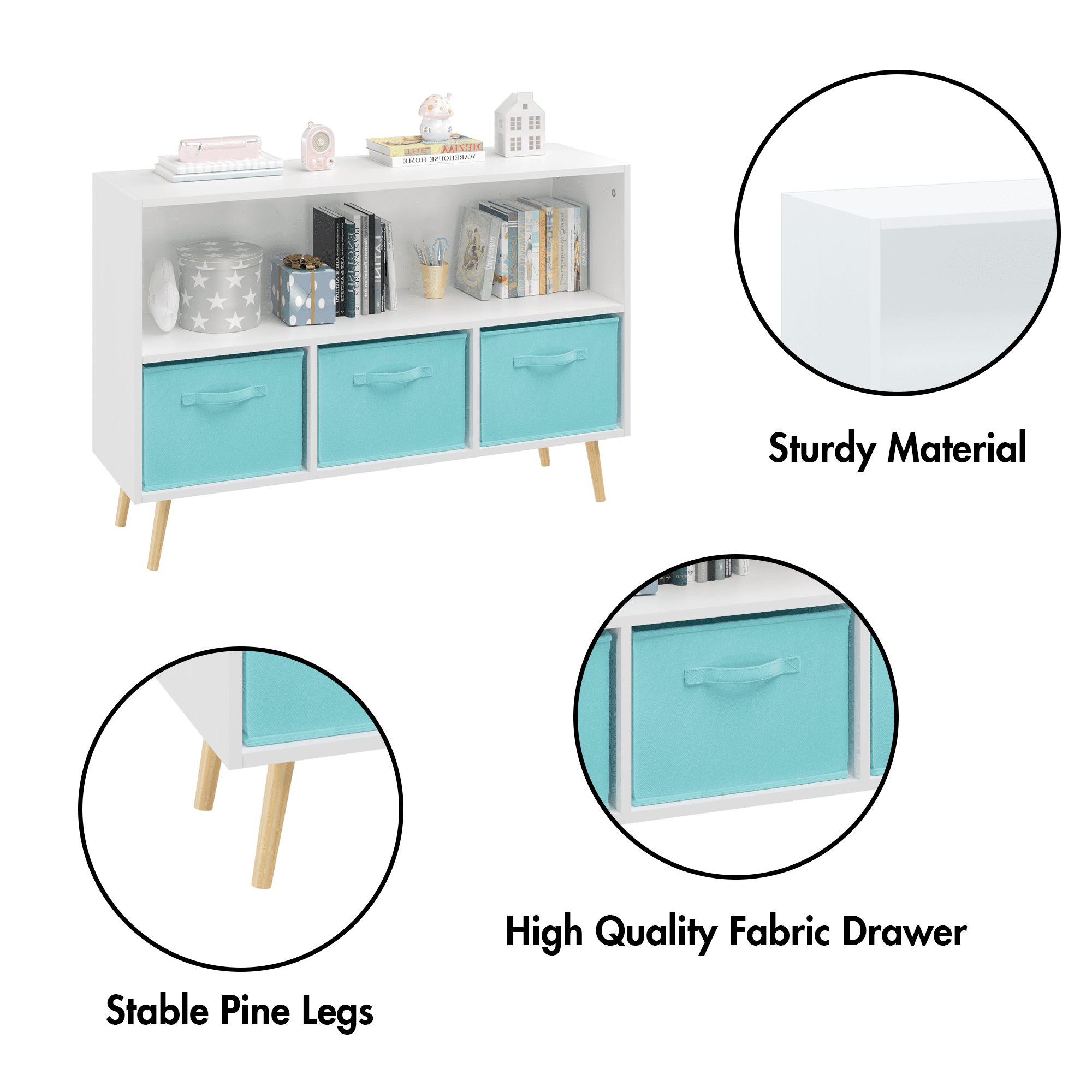 Jopath 4 Cube Kids Bookcase & Toy Storage Organizer with 3 Fabric Drawers for Playroom Storage,Blue