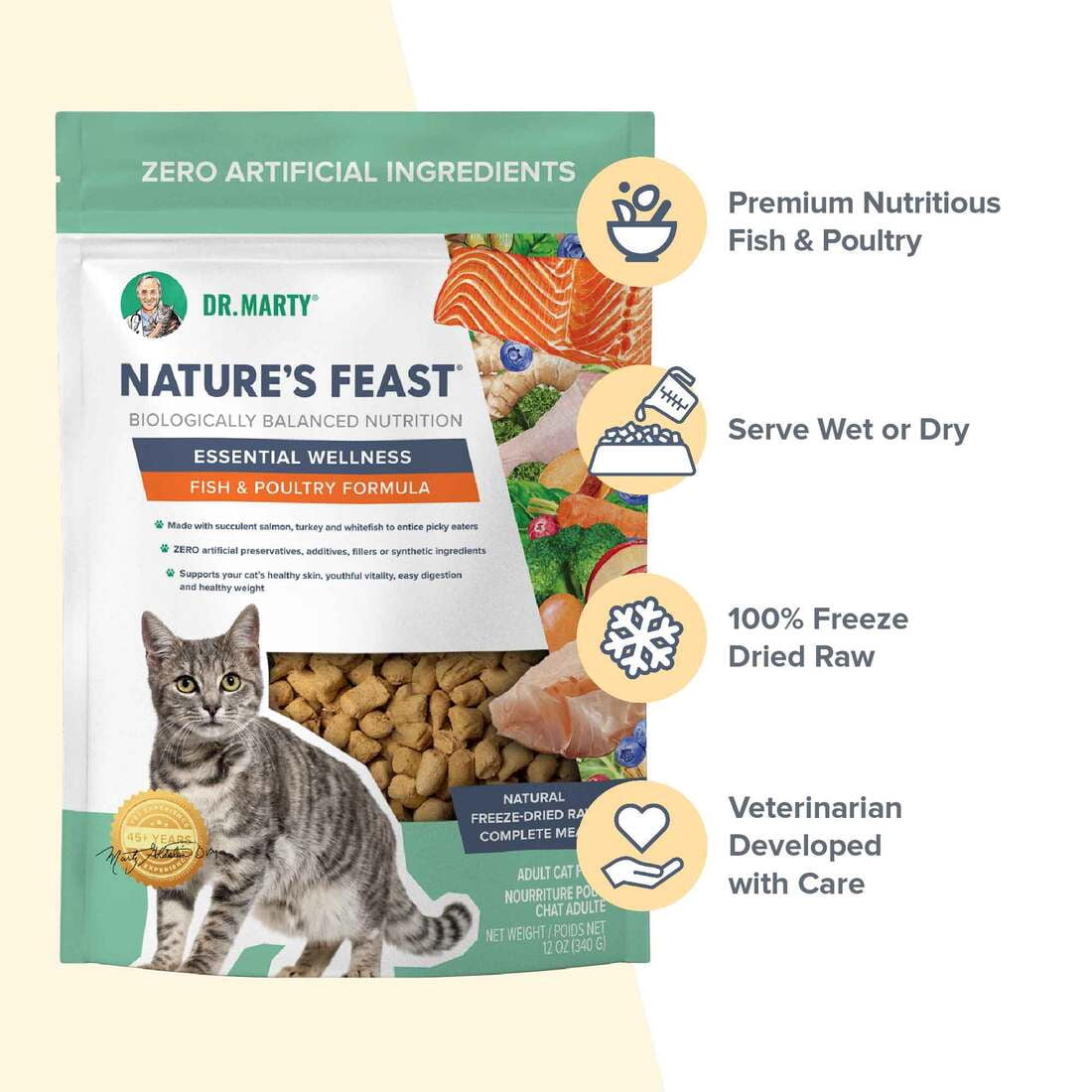 Dr. Marty Nature's Feast Natural Freeze-Dried Raw Cat Food, Essential Wellness Fish & Poultry Formula, High-Protein 87% Real Meat, Grain-Free, 12 oz
