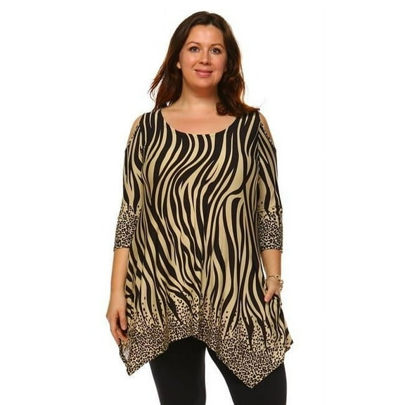 PS1305-01-3XL Womens Plus Size Antonia Cut-Out Shoulder Tunic Top, Black & Brown - 3XL