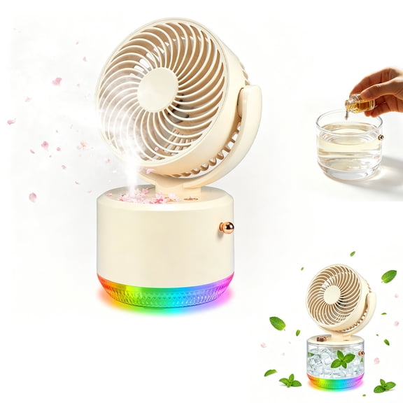 Portable Misting Fan, 3 Speed & 3 Mist Settings, Rechargeable Battery, 140° Tilt 90° Oscillating, LED Light for Camping Beach Office