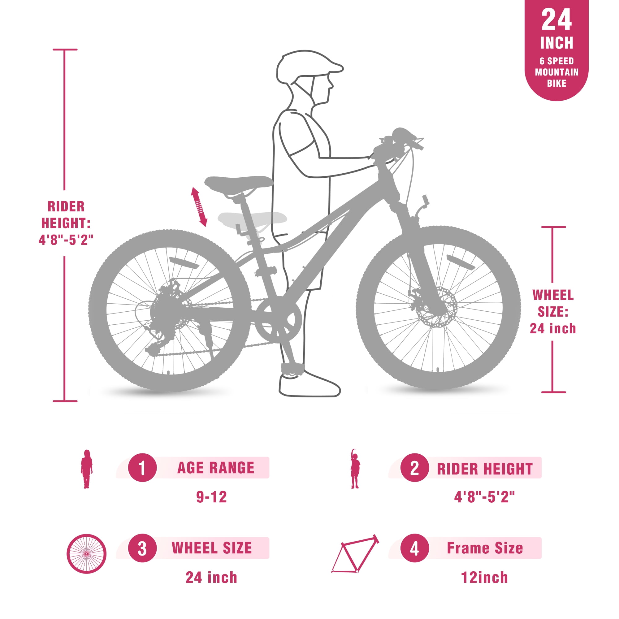 24 Inch 6-Speed Mountain Bike for Kids Boys and Girls, High-Strength Steel Frame Bicycle with Suspension Fork and Dual Disc Brakes, Adjustable Seat and All-Terrain Tires for Ages 9-12, Pink