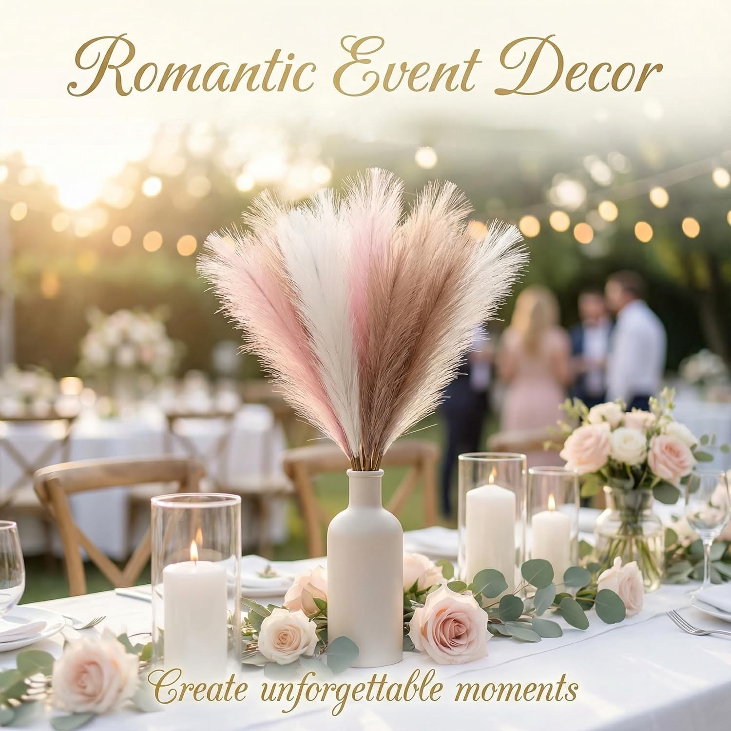 Pampas Grass Decor, Faux Pampas Grass White Pink Brown Artificial Dried Flowers Fluffy No Shedding for Boho Wedding Home Bedroom Vase Filler