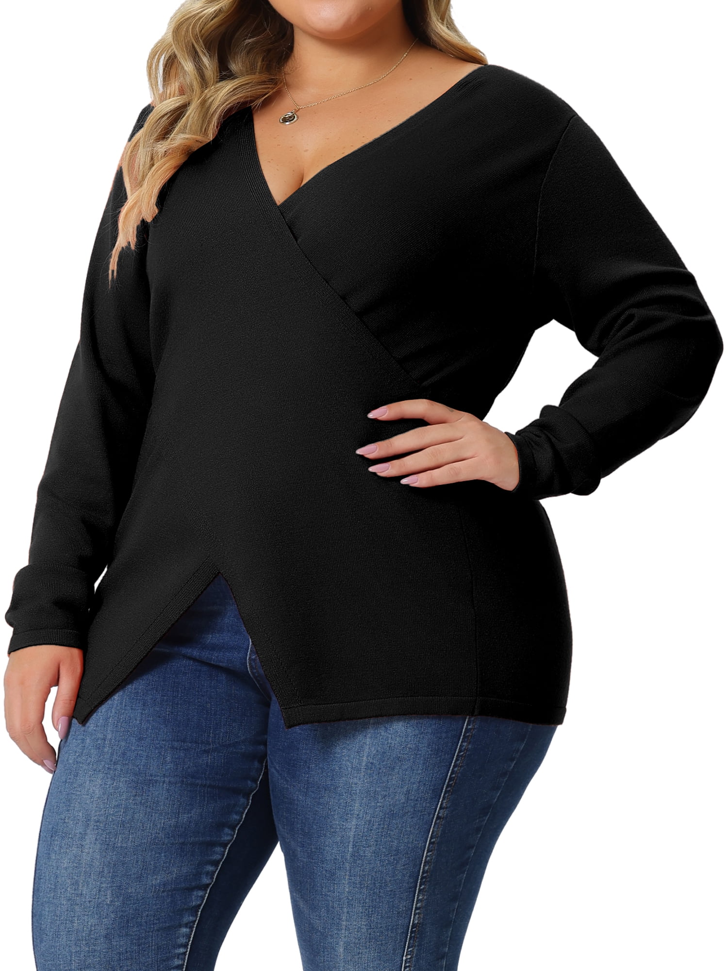 Unique Bargains Women's Plus Size Knitted Deep V Neck Wrap Criss Cross Cable Knit Sweater 4X Black