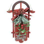 Holiday Time Merry Christmas Red Sleigh Ornament. Casual Traditional Theme. Red & Green Color.