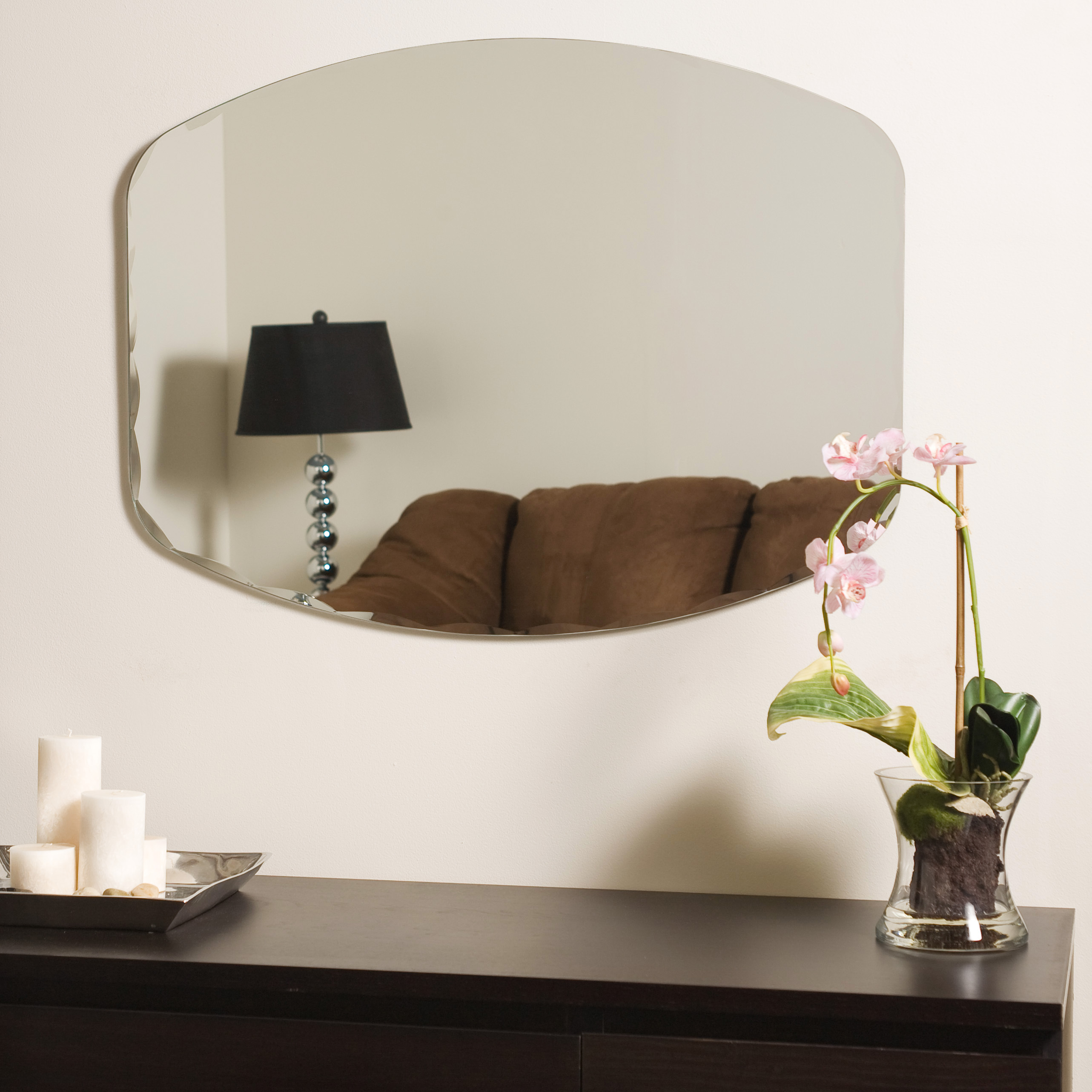 Large 31.5 x 23.6" Oval Scallop Beveled Frameless Wall Mirror by Décor Wonderland