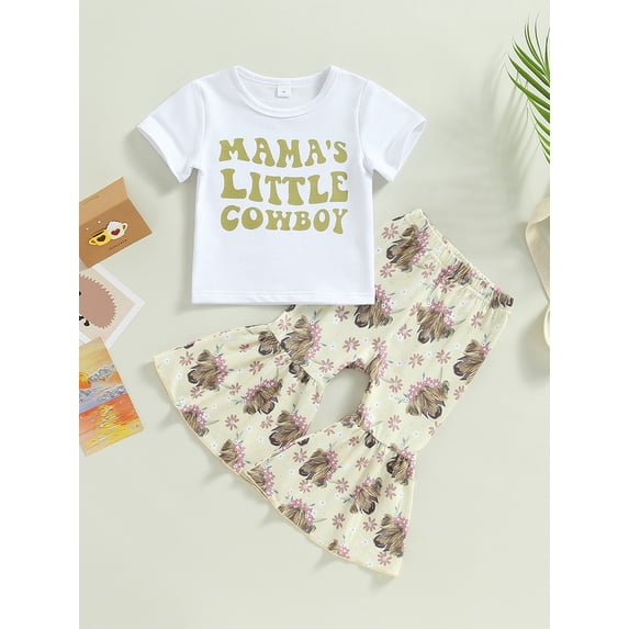 Gueuusu Western Toddler Baby Girls Outfits Short Sleeve Letter Printed T-Shirt Top Cow Print Bell Bottom Pants Clothes Set (Bow , 2-3 Years )