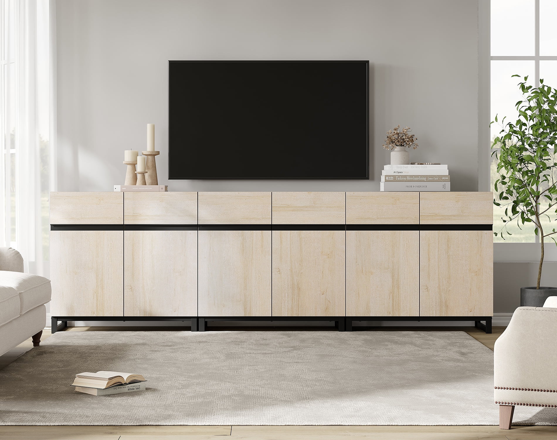 WAMPAT 94.5" TV Stand with Doors,Modern TV Stand for TVs up to 110 Inch,3 Packs Wood Entertainment Center with Adjustable Shelves & Metal Base.
