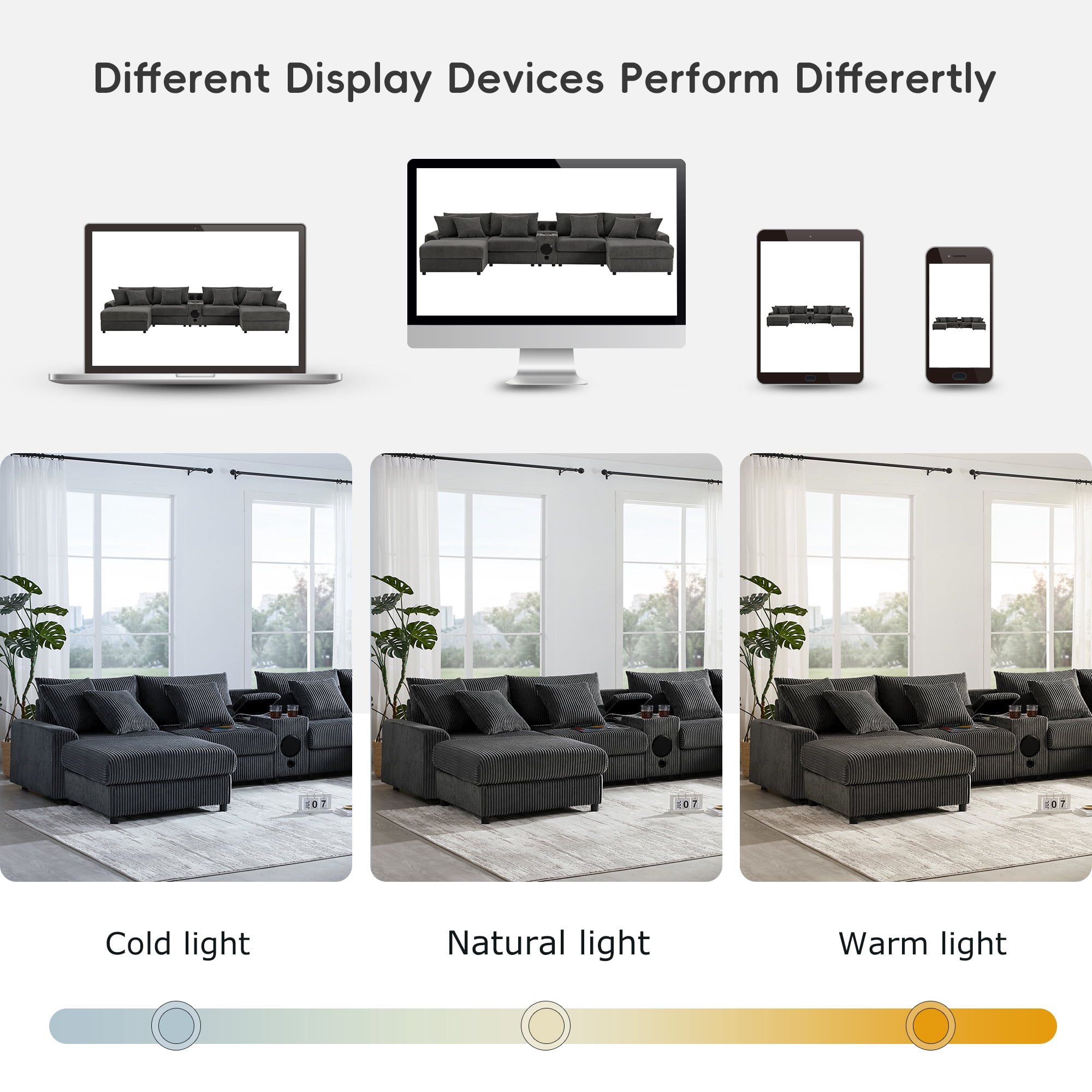 AISWORD 112" U Shaped Sectional Couch with Bluetooth Speakers, USB Charger, Console with Cup Holders & Corduroy Chaise, Dark Grey