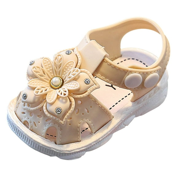 ZHOGXU Children Girls Comfortable Soft Sole Sandals Fashionable Flower Toe Covering Beach Shoes With Supportive Strap,Beige,0-3 Months
