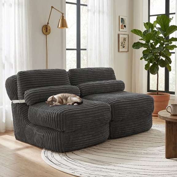 ANPOO 82" Single Corduroy Convertible Sleeper Sofa - Folding, Pillow Included, Back Support, Side Pocket, Zippers, Handles and Straps, Portable for Living Room & Bedroom, Dark Gray